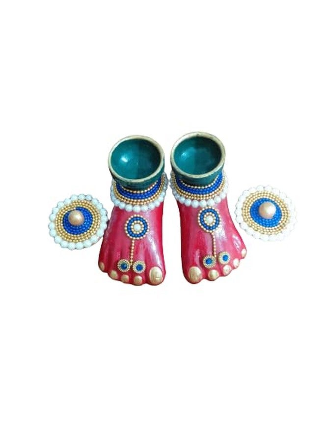OnDec نعال صغيرة من الطين المحروق مزينة بنقوش حجرية من OnDec Lakshmi/Ma Laxmi (زوج واحد) (أزرق ملكي على أحمر) - Image 2